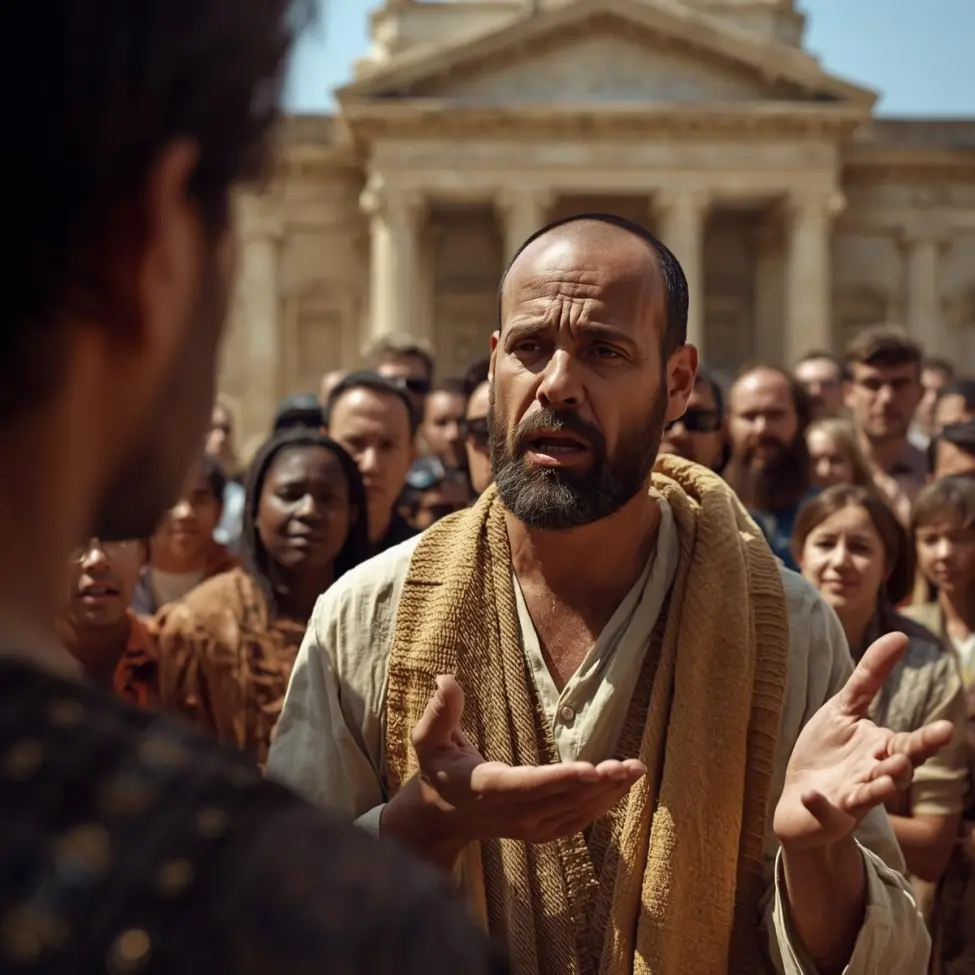 Niemy Zachariasz, który po spotkaniu z aniołem stracił mowę z powodu braku wiary, próbuje komunikować się z ludźmi poza świątynią, symbolizując cenę zwątpienia w Boże obietnice.