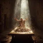 Jezus przewracający stoły kupców w świątyni, latające monety i kurz, symbol oczyszczenia domu modlitwy z handlu, Ewangelia Łukasza 19.