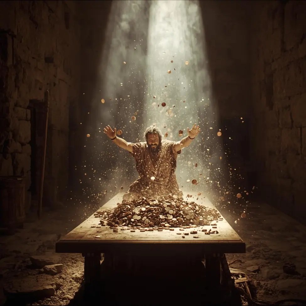 Jezus przewracający stoły kupców w świątyni, latające monety i kurz, symbol oczyszczenia domu modlitwy z handlu, Ewangelia Łukasza 19.