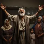 Zachariasza z długą brodą i uniesionymi rękami, wygłaszającego przemówienie w kamiennym, starożytnym domu. Wokół niego siedzą lub stoją inni ludzie, wszyscy słuchający z uwagą