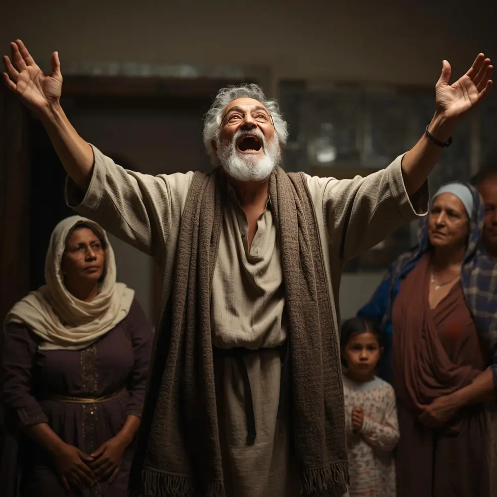 Zachariasza z długą brodą i uniesionymi rękami, wygłaszającego przemówienie w kamiennym, starożytnym domu. Wokół niego siedzą lub stoją inni ludzie, wszyscy słuchający z uwagą