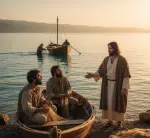 Jezus powołujący Piotra i Andrzeja z łodzi rybackiej nad Jeziorem Galilejskim o zachodzie słońca.