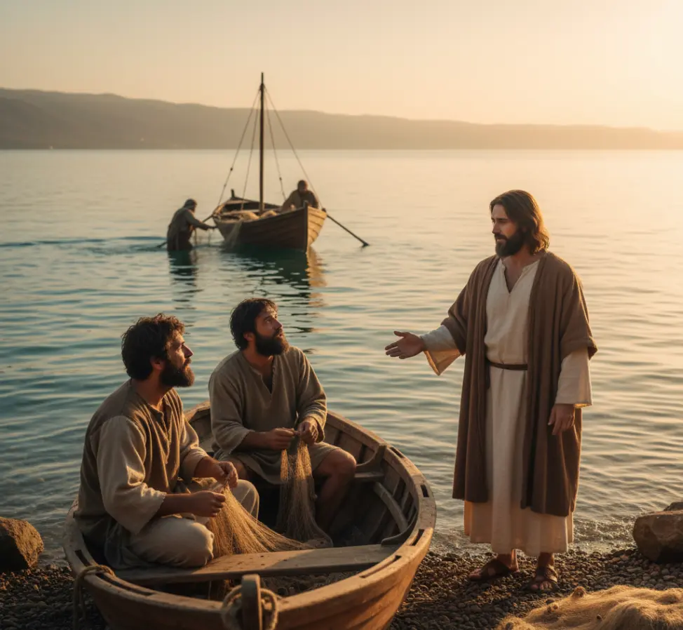 Jezus powołujący Piotra i Andrzeja z łodzi rybackiej nad Jeziorem Galilejskim o zachodzie słońca.