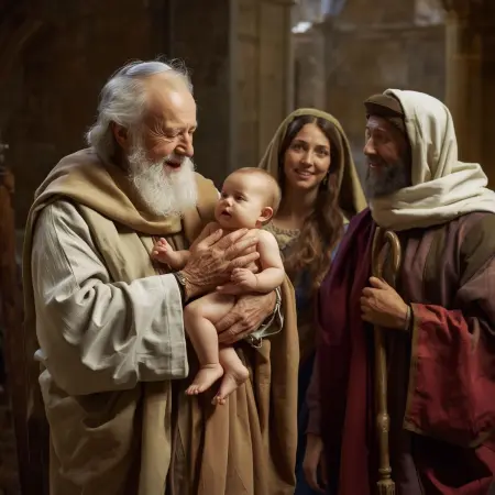 Spotkanie Symeona z Dzieciątkiem Jezus w Świątyni. Symeon, starszy, mądry człowiek, trzyma Jezusa w ramionach, a jego twarz wyraża głęboką radość i spełnienie. Maria i Józef stoją obok, z podziwem i lekkim zdziwieniem patrząc na Symeona. W tle widoczne elementy architektury świątynnej