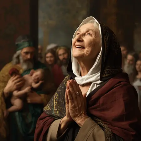 Prorokini Anna w świątyni. Starsza, pobożna kobieta z modlitewnie złożonymi rękoma lub uniesionymi w geście uwielbienia