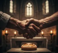 Uścisk dłoni na zgodę z ołtarzem w tle – symbol pojednania z bratem, które jest ważniejsze niż dar ofiarny.