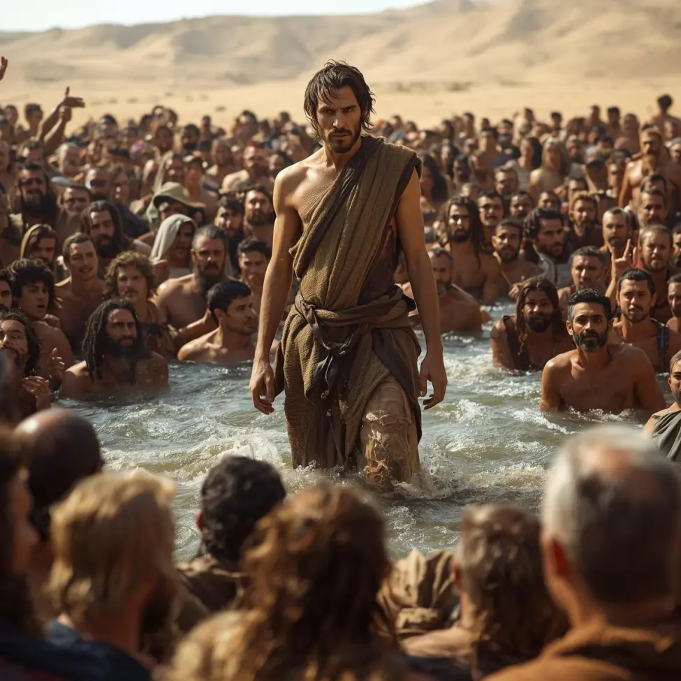 Jan Chrzciciel na pustyni, chrzczący ludzi w rzece, z obserwującymi go faryzeuszami