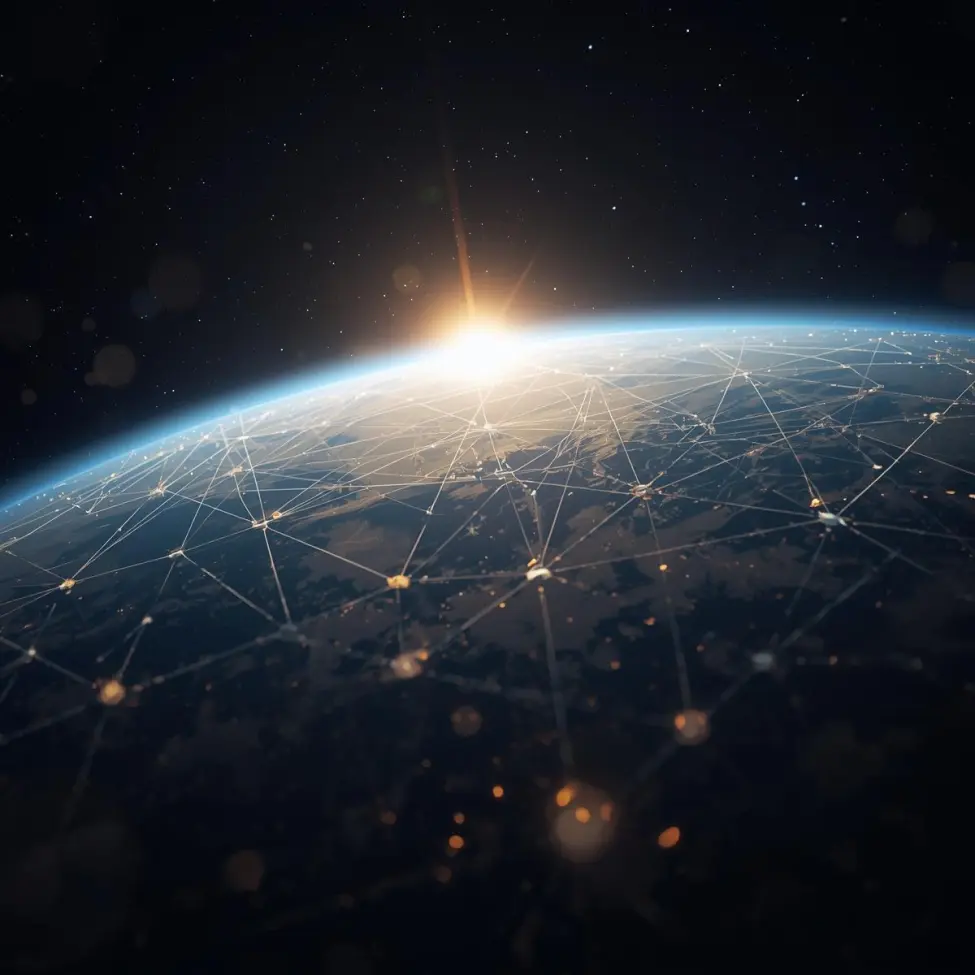 Ziemia widziana z kosmosu o wschodzie słońca, z siecią połączonych punktów świetlnych symbolizujących globalną sieć komunikacyjną i relacji. Obraz podkreśla Bożą kontrolę nad każdym ogniwem stworzenia oraz znaczenie każdej części w całości, ukazując wzajemne powiązania i ład wszechświata.