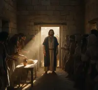 Jezus stoi w przepełnionym, ciasnym wnętrzu starożytnego kamiennego domu, otoczony przez tłum ludzi, widać stół z chlebem