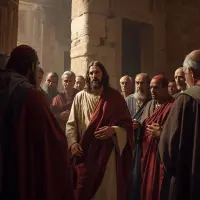 Jezus naucza w świątyni, staje naprzeciwko arcykapłanów i starszych ludu.