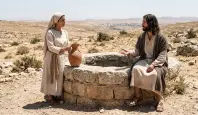 Jezus i Samarytanka przy studni. Historyczna scena rozmowy o wodzie żywej.