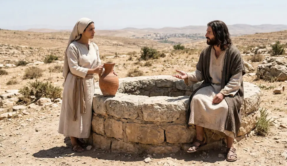 Jezus i Samarytanka przy studni. Historyczna scena rozmowy o wodzie żywej.