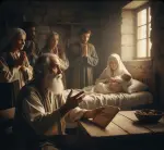 Zachariasz, który po napisaniu imienia 'Jan' na tabliczce, gestykuluje i odzyskuje mowę. W tle na łóżku leży Elżbieta z noworodkiem Janem, otoczona przez zdumionych sąsiadów i krewnych