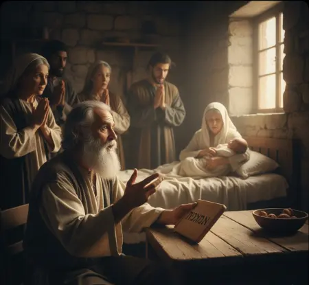 Zachariasz, który po napisaniu imienia 'Jan' na tabliczce, gestykuluje i odzyskuje mowę. W tle na łóżku leży Elżbieta z noworodkiem Janem, otoczona przez zdumionych sąsiadów i krewnych