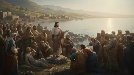 Jezus nauczający tłumy w Galilei nad Jeziorem Galilejskim