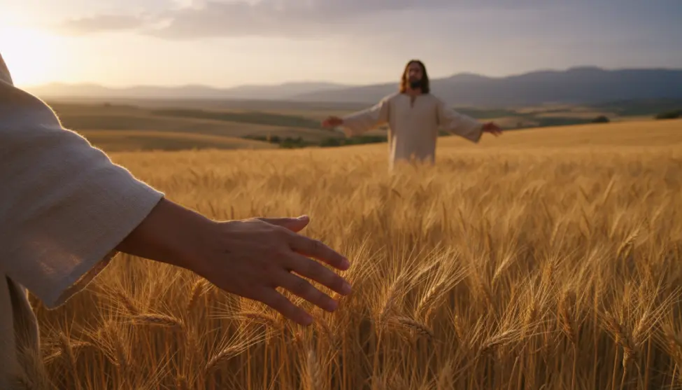 Uczniowie Jezusa zrywający kłosy zboża podczas spaceru przez pole w słoneczny dzień.