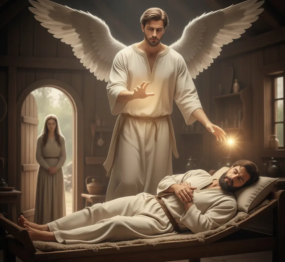 Zdjęcie ukazujące moment snu Józefa. Anioł Pański unosi dłoń nad jego głową, podczas gdy w tle, w drzwiach, stoi Maryja. Ta scena odzwierciedla moment z Ewangelii Mateusza, gdy Józef otrzymuje boskie wyjaśnienie tajemnicy poczęcia Jezusa