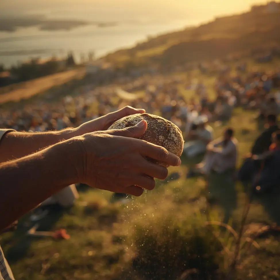 Dłonie łamiące chleb na tle tłumu ludzi nad Jeziorem Galilejskim w ciepłym świetle, symbolizujące cud rozmnożenia i Bożą obfitość.