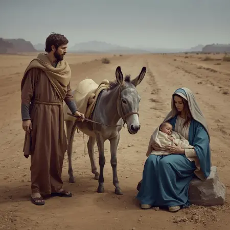Józef, Maria i Dzieciątko Jezus na pustynnej drodze. Józef stoi obok osiołka, trzymając jego uzdę. Maria siedzi na kamieniu, tuląc śpiące Dzieciątko Jezus. W tle rozciąga się suchy, górzysty krajobraz pustyni, a niebo jest pochmurne. Całość ma klasyczny, biblijny charakter