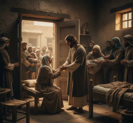 Jezus uzdrawia teściową Piotra, wokół ludzie przyprowadzają chorych, scena w domu w Kapernaum.