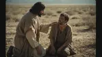 Jezus wyciąga rękę do klęczącego trędowatego w pustynnej scenerii