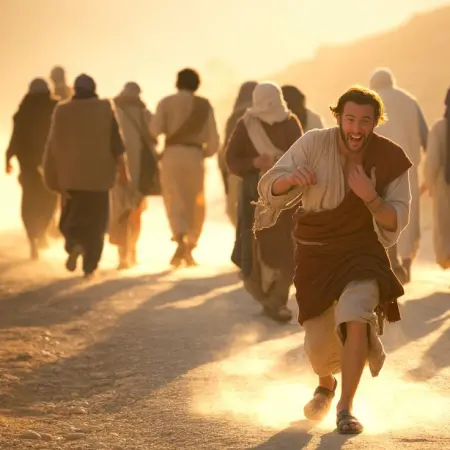 W tle dziewięciu mężczyzn w podartych szatach odchodzi w stronę horyzontu, są rozmyci i znikają w oddali. Na pierwszym planie JEDEN mężczyzna odwrócił się i biegnie z powrotem w stronę kamery (w stronę Jezusa), jego twarz wyraża szok i ekstatyczną radość, patrzy na swoje dłonie, widząc uzdrowioną skórę