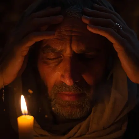 Twarz uzdrawianego wyraża głęboką wiarę i napięcie oczekiwania. Ciepłe światło świecy kontrastuje z ciemnym tłem, symbolizując moment odzyskania wzroku i przejście z duchowej ciemności do światła wiary.