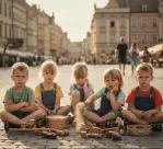 Dzieci na rynku, grające na flecie, ale z minami niezadowolenia, symbolizujące wieczne narzekanie i trudność w przyjęciu radości.