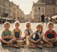 Dzieci na rynku, grające na flecie, ale z minami niezadowolenia, symbolizujące wieczne narzekanie i trudność w przyjęciu radości.