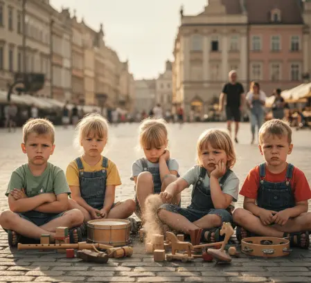Dzieci na rynku, grające na flecie, ale z minami niezadowolenia, symbolizujące wieczne narzekanie i trudność w przyjęciu radości.