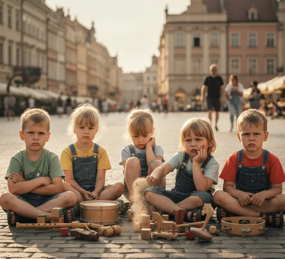 Dzieci na rynku, grające na flecie, ale z minami niezadowolenia, symbolizujące wieczne narzekanie i trudność w przyjęciu radości.