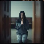 Realistyczne, amatorskie zdjęcie osoby modlącej się w domu przy stole, ostre oświetlenie, surowy styl, ilustracja osobistej wiary i wytrwałości.