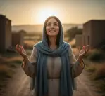 Maryja o promiennym uśmiechu i wzniesionych dłoniach, stoi na wiejskiej drodze w ciepłym świetle zachodzącego słońca, wyrażając radość i uwielbienie