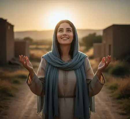 Maryja o promiennym uśmiechu i wzniesionych dłoniach, stoi na wiejskiej drodze w ciepłym świetle zachodzącego słońca, wyrażając radość i uwielbienie