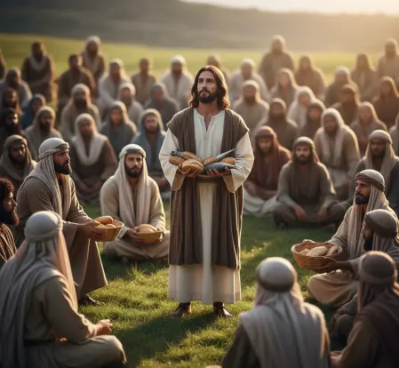 Jezus z chlebem i rybami, cud rozmnożenia pośród tłumu.