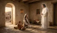 Zwiastowanie, Maria i Anioł. Wnętrze skromnego domu w Nazarecie, ceramiczny dzban i miękkie światło poranka.